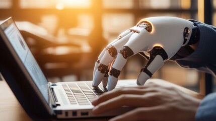 Poster - a robotic hand typing on a laptop computer, suitable for technology and innovation illustrations