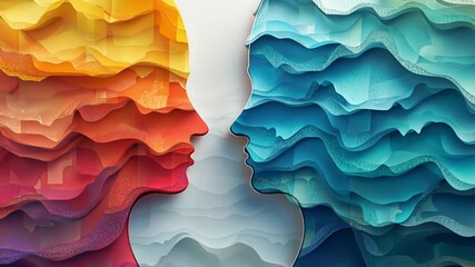 Leinwandbilder - Two distinct human profiles emerge from vibrant layered colors, showcasing gradients of red and blue. The abstract shapes represent unity, emotion, and connection through art.