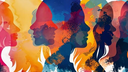 Leinwandbilder - Artistic silhouettes of women are prominently displayed in a vivid blend of colors, showcasing their profiles in a harmonious and visually striking composition.
