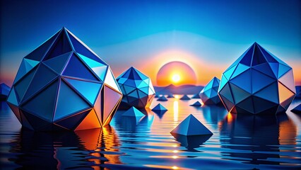 Poster - Silhouette of 3D Blue Geometric Shapes at Sunset, Abstract Design Background