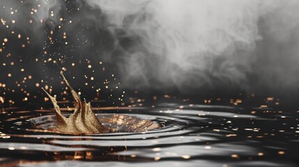 Poster - Stunning splash of water with golden droplets against a smoky background, creating a dynamic scene