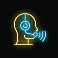 Poster - Glowing neon icon of a customer service representative speaking into a headset with sound waves emanating