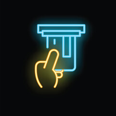Poster - Neon sign representing a hand inserting a credit card in a pos terminal on a black background