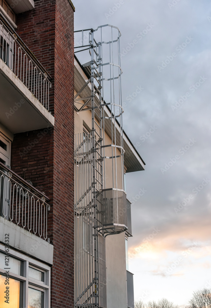 steel cage ladder is bitten attached to an apartment building