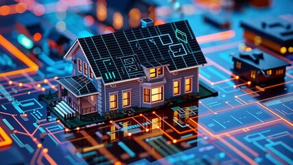 Aufkleber - A detailed model of a smart house is positioned on a vibrant circuit board, highlighting the integration of technology and contemporary home design.