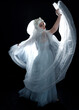 © faestock - full length portrait beautiful blonde fantasy maiden faery wearing medieval fairytale ballgown costume, veiled white hooded cape. standing pose  isolated dark studio background