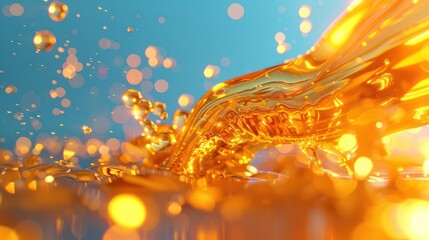 Poster - Glimmering golden liquid splashes dynamically against a vibrant blue backdrop, creating an energetic scene