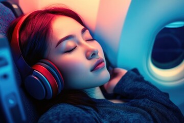 Wall Mural - Passenger resting during flight, using earphones for entertainment or sleep