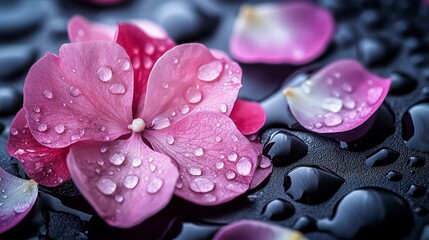 Aufkleber - Exploding petals of cognition blending into drops of essence nature macro photography water droplets close-up abstract beauty