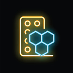 Poster - Neon sign representing innovative medicine with a blister pack of pills and molecular structure