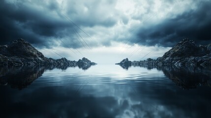 Poster - Wide-angle digital art fading lines across a serene ocean under dramatic skies in conceptual imagery