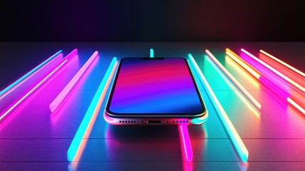 Poster - Modern smartphone design illuminated by a vibrant neon stage, with reflections of multicolored lighting