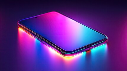Poster - Modern smartphone design illuminated by a vibrant neon stage, with reflections of multicolored lighting