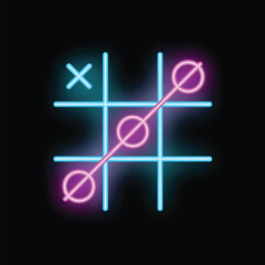 Poster - Pink neon circles forming a diagonal line across a blue neon tic tac toe board, representing a win