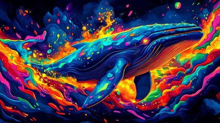 Poster - A majestic whale with bright, glowing eyes, covered in a cascade of neon colors, ranging from electric blues to fiery oranges and pinks