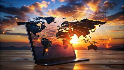 Poster - Silhouette of Tablet Showing Global Network Connections at Sunset