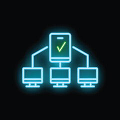 Poster - neon icon of a smartphone connecting with computers, showing a check mark for success