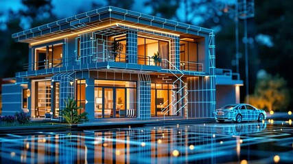 Aufkleber - A striking modern house features an illuminated exterior with sleek architecture, surrounded by a beautifully landscaped yard under twilight skies, creating a warm and inviting atmosphere.