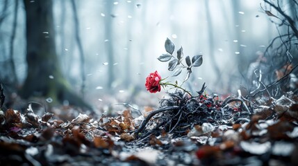 Poster - Silent reflections of a red rose enchanted forest nature ethereal atmosphere close-up fragments of longing