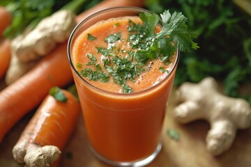 Sticker - A glass of carrot juice surrounded by fresh vegetables for a healthy snack or meal