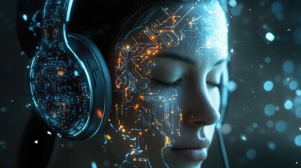 Poster - a person wearing headphones surrounded by a circuit, great for tech-related illustrations or backgro