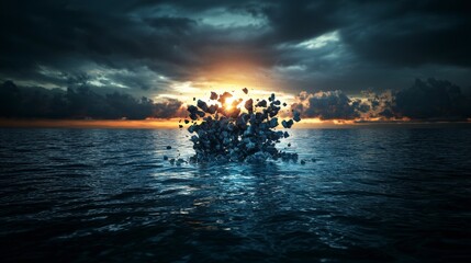 Aufkleber - Cognitive fragments erupting from tranquil waters at sunrise abstract art serene landscape dreamlike viewpoint