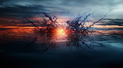 Poster - Destructive splashes at sunset ocean shore digital art nature low angle view isolation concept