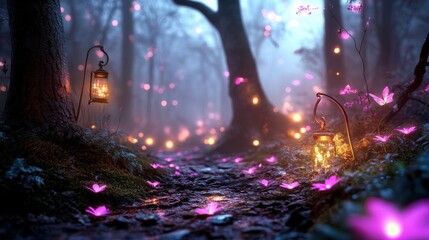 Poster - Pathway illuminated by fairy lights in a tranquil forest setting at night