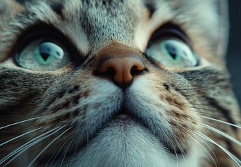 Poster - Close-Up of a Cat's Face with Striking Green Eyes and Detailed Fur Texture Reflecting Natural Light, Highlighting the Beauty of a Domestic Feline in a Soft Focus Setting