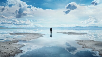 Poster - Lonely figure in serene salt flats exploring isolation through expansive wide-angle landscape photography