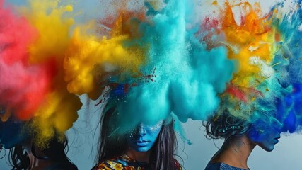 Leinwandbilder - Three individuals showcase creative hairstyles while colorful paints explode from their heads, symbolizing artistic expression and emotion. Each person displays a distinct look and style.
