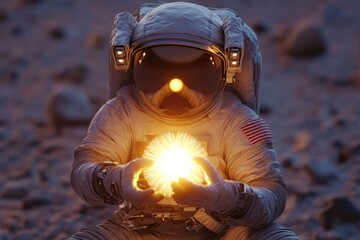 Wall Mural - astronaut holds a bright, radiant sphere