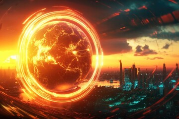 Poster - a futuristic cityscape with a glowing orb at sunset