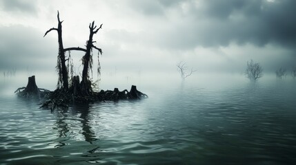 Poster - Lonely rhythms piercing through dense fog serene water landscape mystical nature scene ethereal atmosphere mysterious view