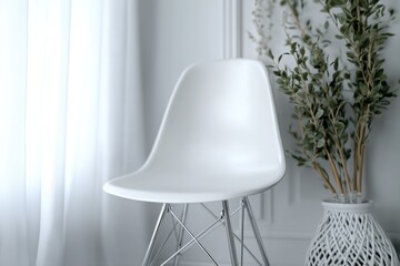 Poster - A single white chair sits in front of a window with natural light pouring in