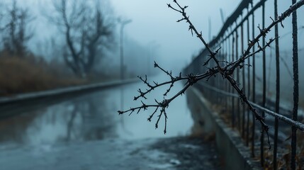 Aufkleber - Gloomy atmosphere misty reflections on a lonely path and the painful lines through foggy nature dreams