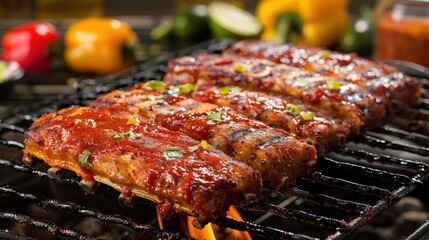 Grilled ribs coated in barbecue sauce on a barbecue grill with colorful vegetables in background