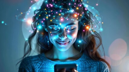 Poster - A young woman gazes at her smartphone, surrounded by colorful, illuminated connections symbolizing digital interaction. Her expression reflects curiosity and engagement in this vibrant setting.