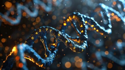 Poster - Abstract visualization of DNA strands illuminated by glowing particles in a scientific setting