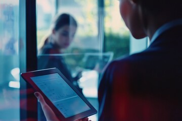 Poster - A person holds a tablet in front of a window, great for representing technology or work-from-home scenes