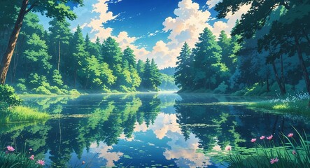 Wall Mural - Dreamlike reflections of forest in serene lake on anime background