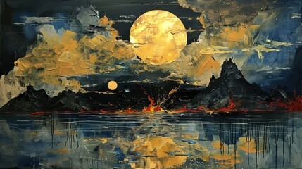 Aufkleber - Abstract landscape painting featuring two large moons above fiery mountains and a reflective ocean