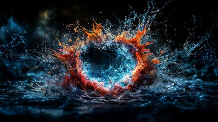 Poster - Dynamic heart of fire and water abstract art digital creation dark environment close-up view emotions unleashed