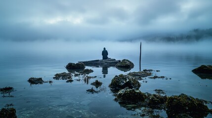 Aufkleber - Solitary reflection misty lake photography tranquil environment serene viewpoint embracing solitude