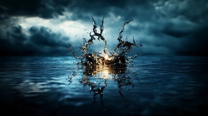Poster - Dynamic water splash captured in twilight atmosphere over serene lake high-impact visual art dramatic mood