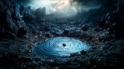 Poster - Mystical water ripples emerge from dark terrain imaginary landscape calm environment low angle conceptual art