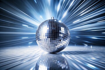 Poster - Sparkling Disco Ball Long Exposure, Glittering Silver Sphere, Reflective Party Decoration, White Background Stock Photo