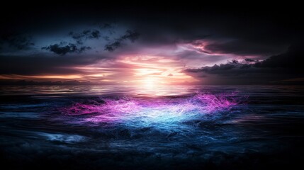 Poster - Vibrations of hope at sunset over the ocean landscape art serene and mystical environment emotive viewpoint