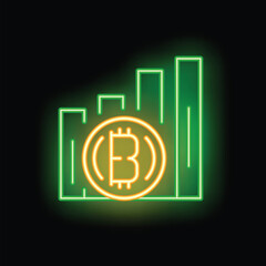 Wall Mural - Neon bitcoin cryptocurrency growing up chart icon glowing on a black background