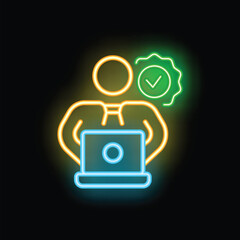 Poster - neon sign of a businessman working on a laptop with a success symbol